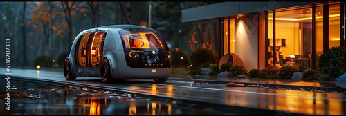 A futuristic, self-driving taxi pulling up to a curb in front of a sleek, modern building photo