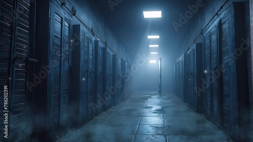 Explore the desolate corridors of a deserted prison cell at night, as captured in this eerie 4K looping video, where the echoes of the past reverberate in the darkness photo