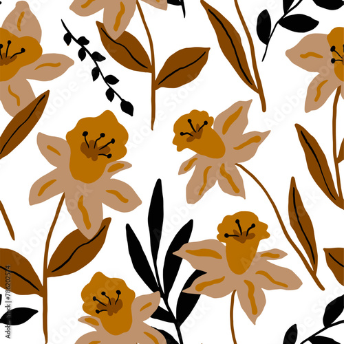 Abstract Hand Drawing Vintage Daffodil Flowers and Leaves Seamless Vector Pattern Isolated Background © Didem
