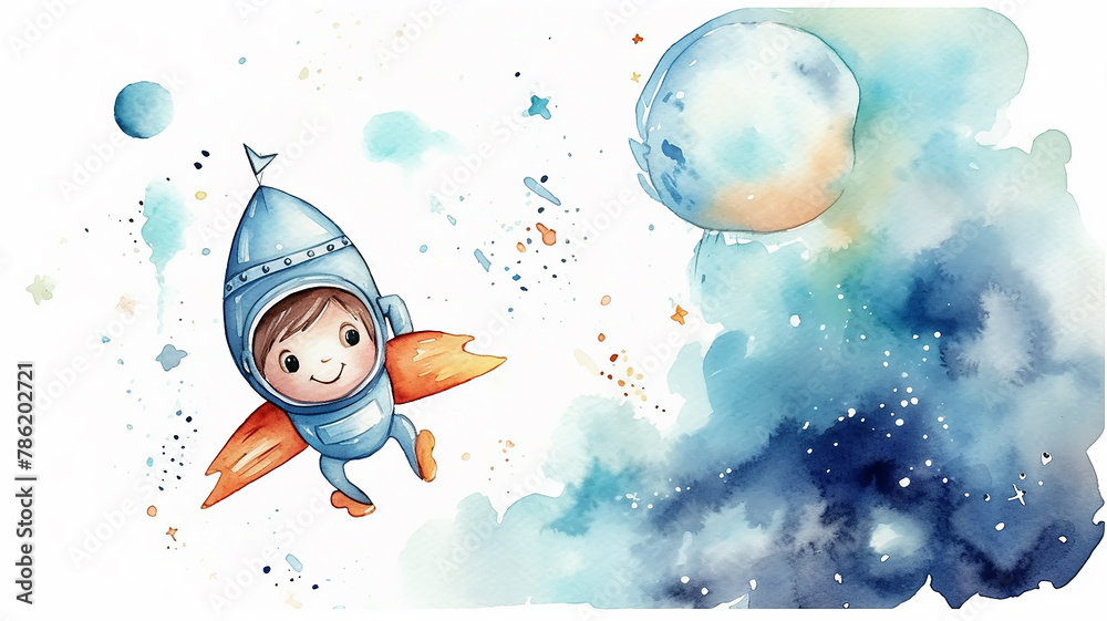 children's illustration of a child watercolor astronaut on a white background, a fairy tale about space flight - obrazy, fototapety, plakaty 