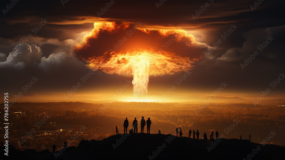 Naklejka premium silhouettes of a group of people against the background of a nuclear explosion on the horizon, abstract fictional graphics, apocalypse threat of destruction concept