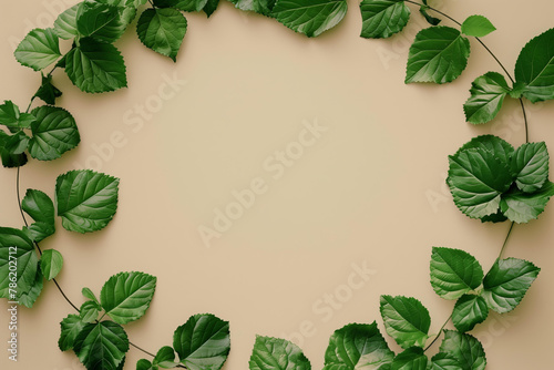 circular frame made from green leaves on a beige background, in a flat lay style