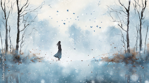watercolor abstract landscape girl in a winter forest, blue cold tones curved lines and ink spots, sketch art illustration copy space © kichigin19