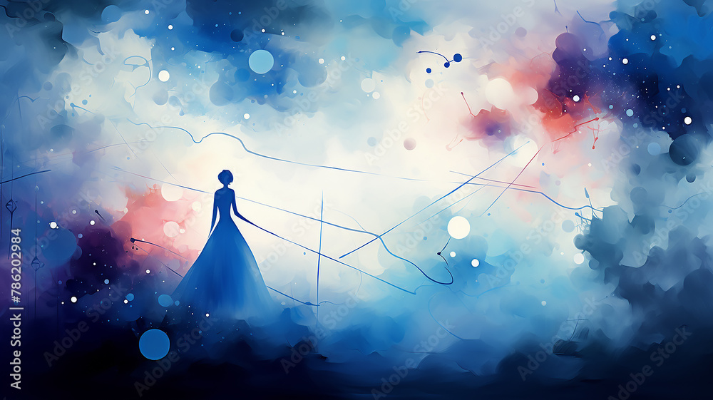 Obraz premium watercolor silhouette of a girl in a dress on a blue space abstract background, illustration watercolor abstraction in cold colors, impression copy space