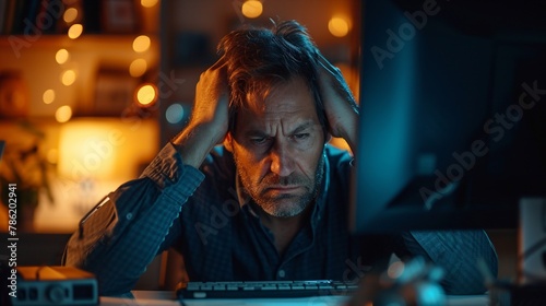 young attractive and tired unshaven man working late night on laptop computer in the dark feeling frustrated and exhausted in freelance entrepreneur business concept