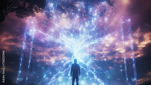 power of mind, energy, the silhouette of a person against the background of abstract energy impulses and flashes view from the back, the concept of esotericism