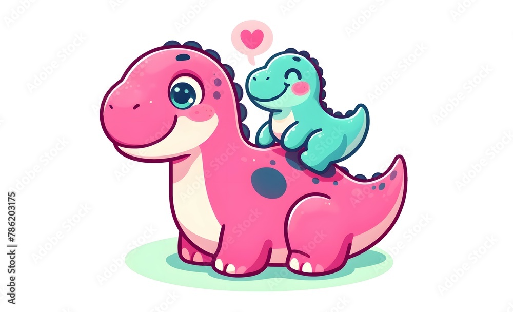 Fototapeta premium Cheerful Cartoon Dinosaurs: A Smiling Mother and Her Happy Baby