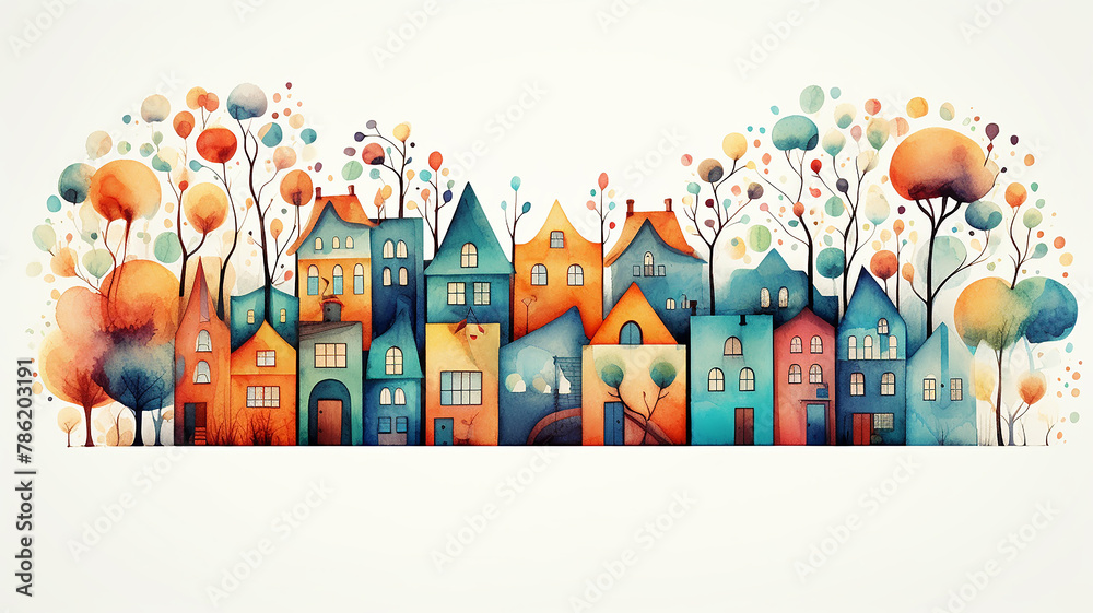 Obraz premium a row of colorful watercolor houses, a city street is a simple multicolored illustration for a children's book