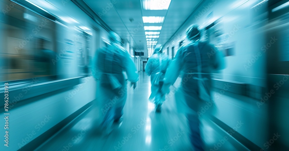 health care, reanimation and medicine concept - group of medics or doctors carrying unconscious woman patient on hospital gurney to emergency motion blur effect