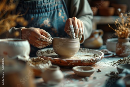 Mature woman ceramist in the workshop makes mug out of clay. Closeup of female potter hands. Art and small business. Creation of ceramic products. Person at work creating handmade cup in studio photo