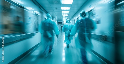 health care, reanimation and medicine concept - group of medics or doctors carrying unconscious woman patient on hospital gurney to emergency motion blur effect photo