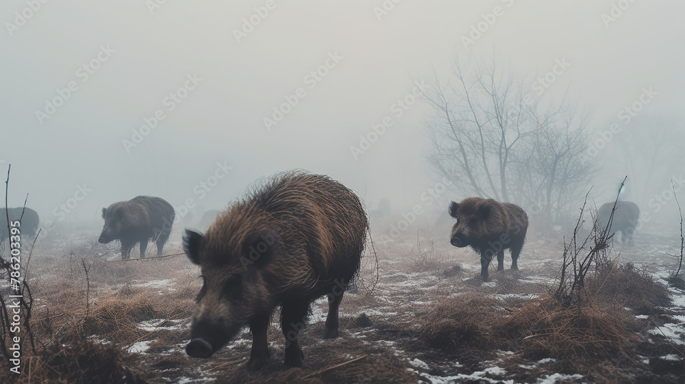 Fototapeta premium wild boars in winter nature, wild nature