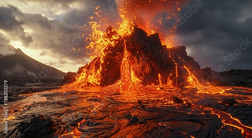A large volcano hot lava and gases
