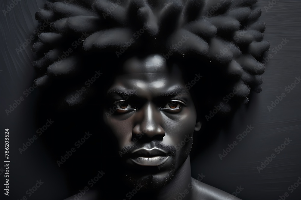 Modern Art with Black Man Face on Luxurious Black Paper Texture Background
