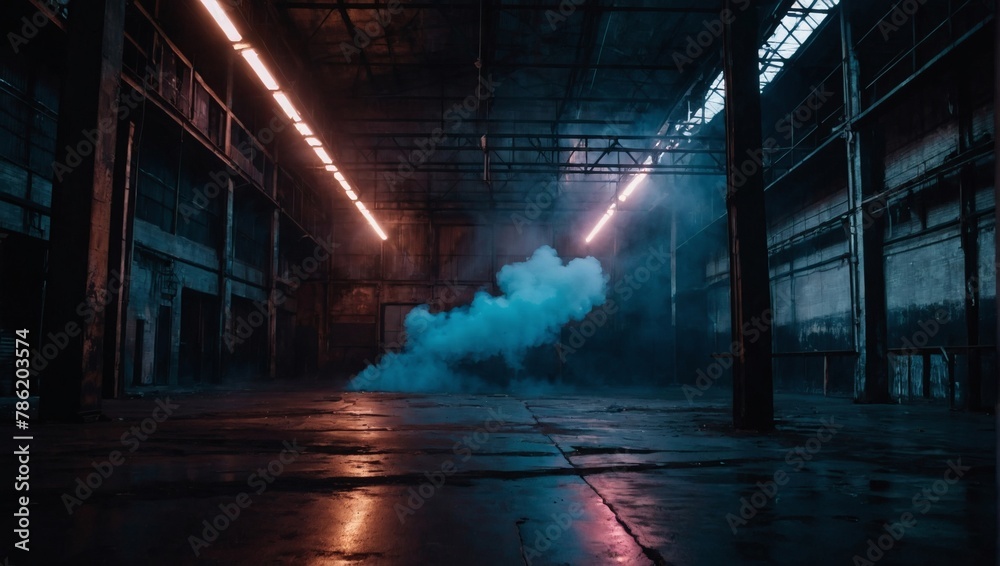 Background of an empty warehouse with smoke and neon light. Dark abstract background.