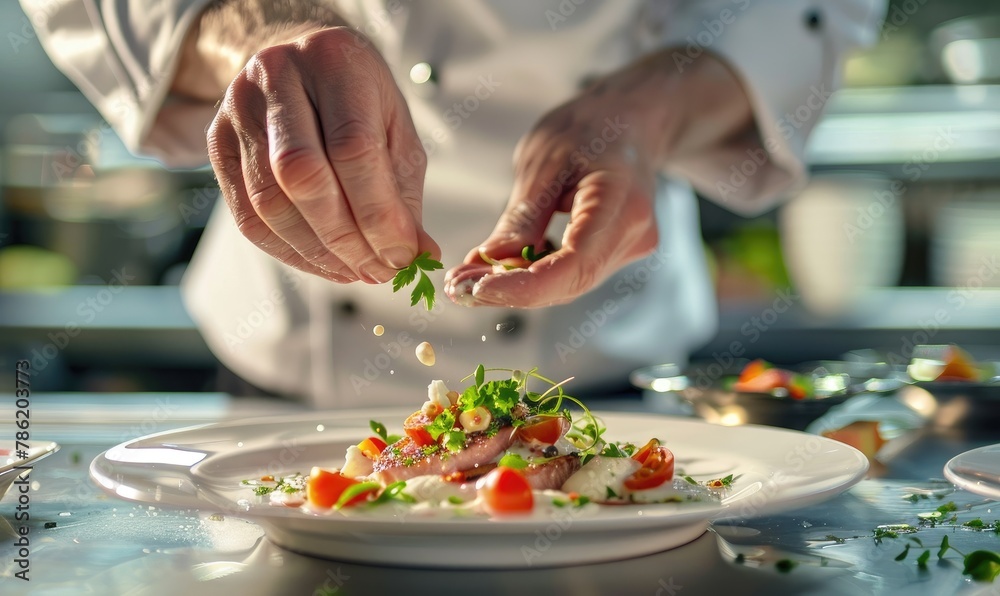 Chef Garnishing Dish with Precision in Kitchen Chef Garnishing Dish with Precision in Kitchen