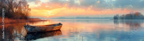 Tranquil Lake Sunset with Old Boat © Plumeria