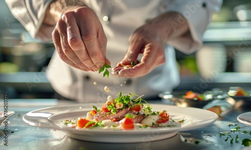 Chef Garnishing Dish with Precision in Kitchen