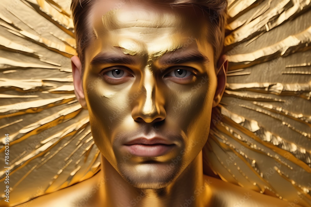 Modern Art Of Gold Paper Texture Background With Handsome Man Glittery Golden Face