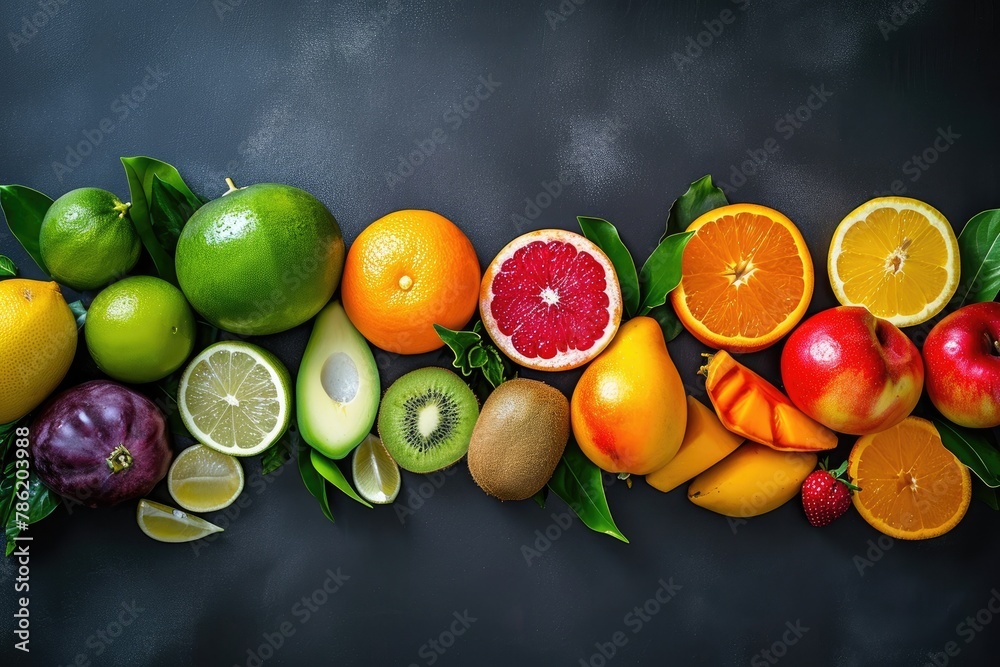 Fresh fruits on a black background. Vitamins and minerals. Top view. Flat lay composition for design with copy space Fresh fruits on a black background. Vitamins and minerals. Top view. Flat lay composition for design with copy space