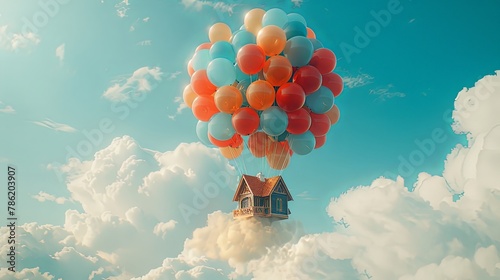 Miniature house flying in the sky tied to balloon bunch