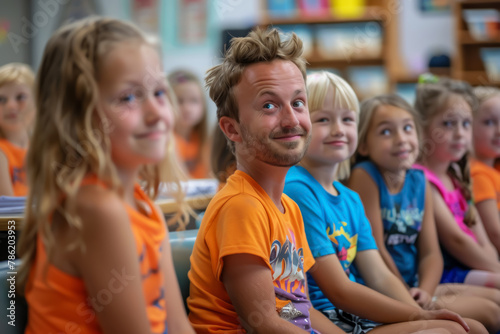 Adult male teacher with playful expression sitting with children in a classroom setting.
