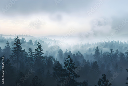 Omnipresence in Nature: Ethereal Dawn Wrapped in Serene Fog photo