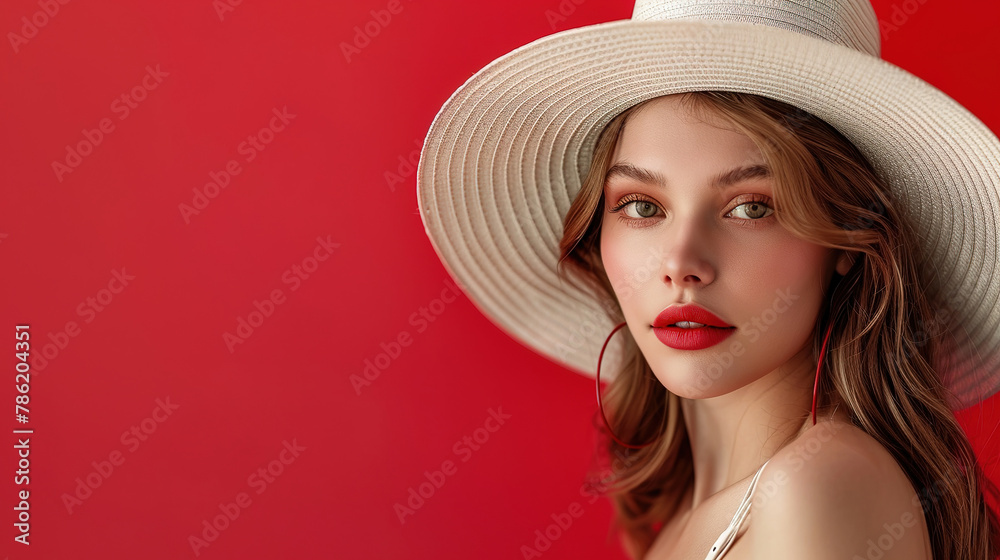 Portrait of beautiful young woman wearing summer hat on red background, blank copy space for advertising text