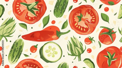 a seamlessly arranged collection of tomatoes, parmesan, peppers, artichokes, and cucumbers, presented in flat design and elegantly tiled to create a stunning visual feast.