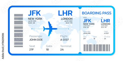 Airline ticket. Flight, boarding pass design. Travel by plane concept. Vector illustration.