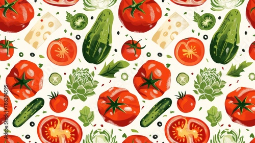 a seamlessly arranged collection of tomatoes, parmesan, peppers, artichokes, and cucumbers, presented in flat design and elegantly tiled to create a stunning visual feast.