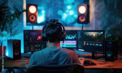 Man editing video on computer in home studio photo