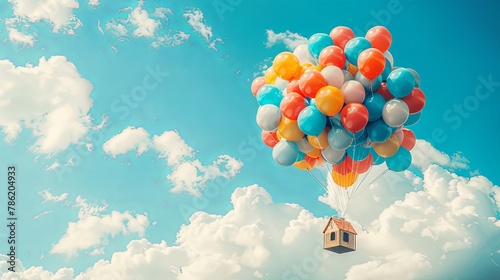 Bunch of balloons tied to small house flying in the sky on a cloudy bright day.
