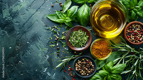 Top view photo of oil, herbs, spices and cooking ingredient background