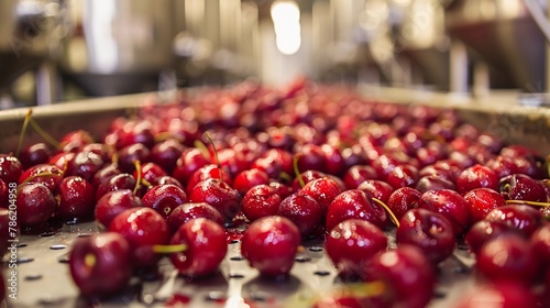 Fresh Dewy Cherries on Stainless Steel Conveyor Belt in Modern Processing Facility. Industrial Food Production. Preparation stage for cherry beer in a brewery. AI Generated