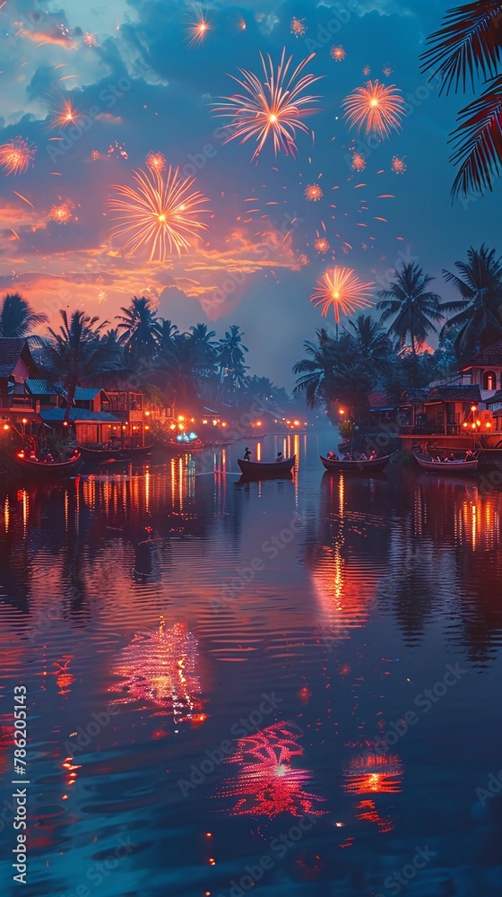 Vibrant fireworks lighting up the predawn sky on Vishu, reflecting over a tranquil river with traditional Kerala homes in the background. Vertical banner. AI Generated
