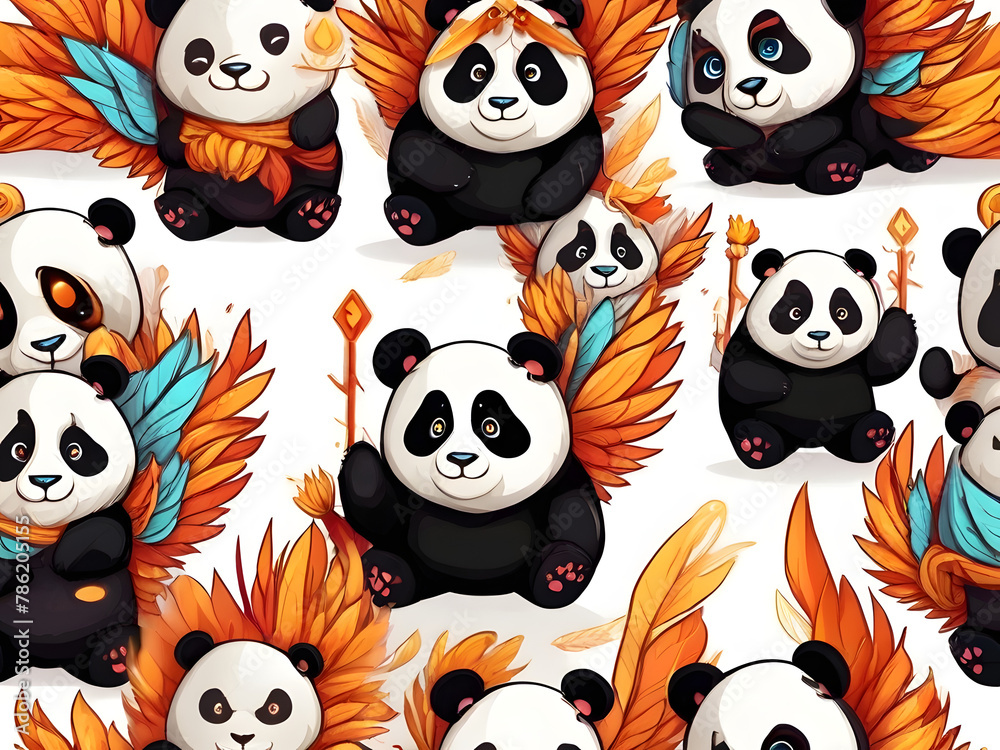 Amazing Illustration Art of Mystical mythical character Panda Cartoon, Panda on a WHITE background, phoenix logo, Amazing Illustration Art of Mystical mythical character Panda Cartoon, Panda on a WHITE background, phoenix logo,