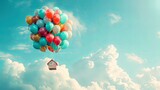 Colorful balloons taking up toy house in the sky