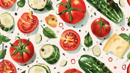 a seamlessly arranged collection of tomatoes  parmesan  peppers  artichokes  and cucumbers  presented in flat design and elegantly tiled to create a stunning visual feast.