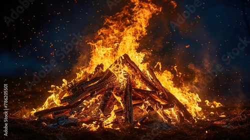 A traditional bonfire ablaze with crackling flames, symbolizing the victory of good over evil as part of the Holika Dahan ritual during Holi celebrations.