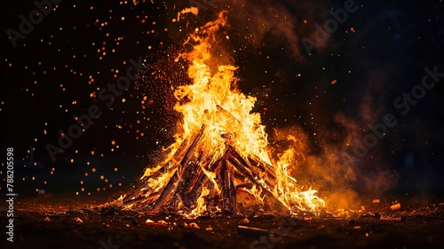 A traditional bonfire ablaze with crackling flames  symbolizing the victory of good over evil as part of the Holika Dahan ritual during Holi celebrations.