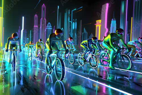 Neon cyclists racing in futuristic cityscape isotated on black background.