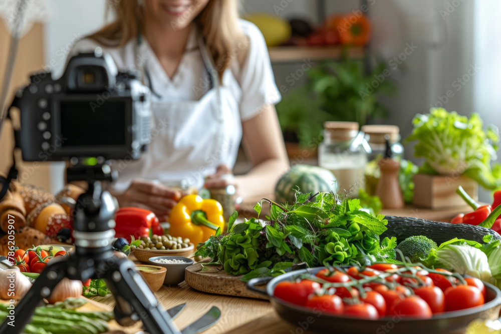 Beautiful young female health coach recording on a camera her blog about healthy eating. Generative AI