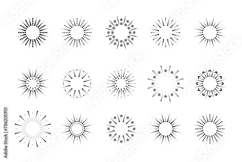 Fireworks. Vintage sunburst collection. Bursting sun rays.Logotype or lettering design element. Radial sunset beams. Vector illustration.
