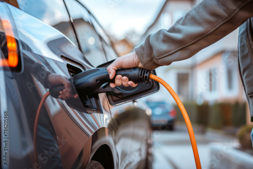 The driver of the electric car inserts the electrical connector to charge the batteries. Unrecognizable man attaching power cable to electric car. Generative AI
