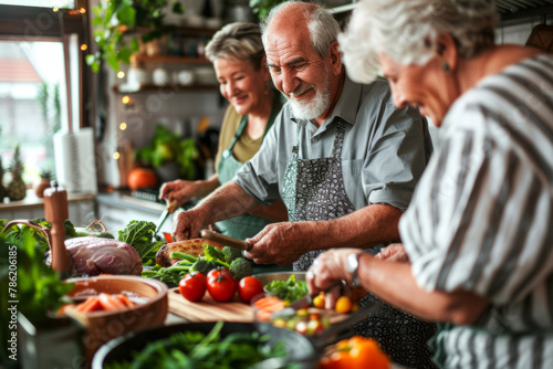 Happy seniors prepare vegan food at home in modern kitchen. Generative AI