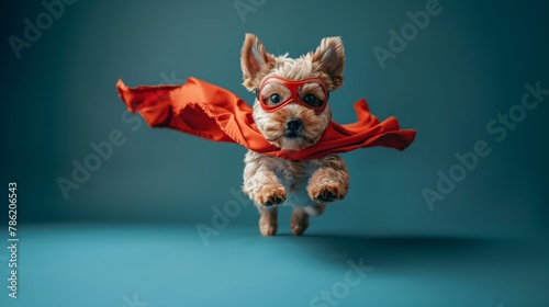 Fawn Carnivore Dog breed wearing red cape and mask jumps with Cat Liver Toy photo