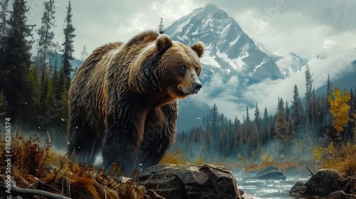 Big grizzly bear portrait in the mountains with forest and cliff background.