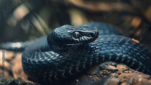 A black snake is curled up on a log © tope007