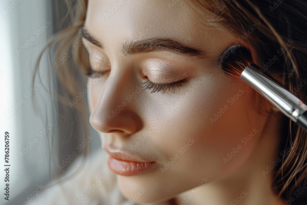 Makeup artist applies applies powder and blush. Beautiful woman face. Generative AI Makeup artist applies applies powder and blush. Beautiful woman face. Generative AI